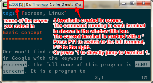 GNU screen with running commands shown in window title 
bar