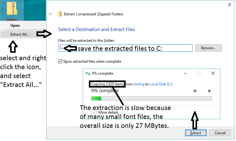 extract Xming+PuTTY on a Stick to local disk